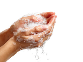 Woman washing hands with soap and water bubbles, Isolated On White Background, Png Transparent