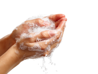 Woman washing hands with soap and water bubbles, Isolated On White Background, Png Transparent