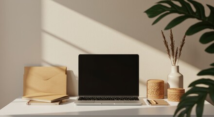 Fototapeta premium A minimalist desk with a laptop and plant shadows.