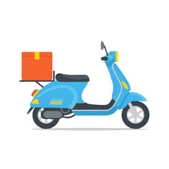 Obraz premium Trendy blue scooter with orange delivery box, perfect for modern urban transportation solutions and fast delivery