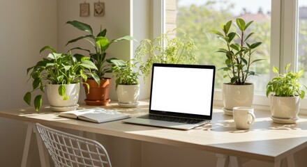 Fototapeta premium A cozy, sunlit home office with many plants.