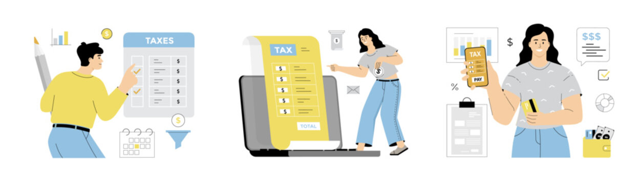 Online tax payment. Tax calculation, making income tax return. People pay tax bills online on the website form via laptop, phone. Flat vector illustration isolated on white background.	
