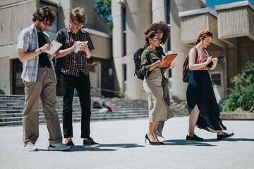 Students walk together outside, reading tablets and notebooks, engaged in collaborative learning on...