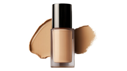 Foundation bottle alongside a creamy beige swatch ready for application in makeup routines enhancing beauty