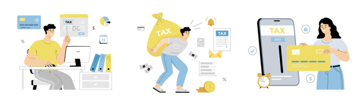 Tax Payment, Calculation, making income Tax Return. Pay bills online on the website form and high taxes concept. Flat vector illustration isolated on white background.	
