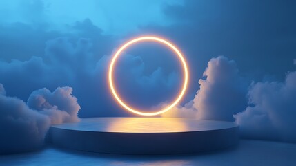 Obraz premium Blue Glowing Circular Light on a White Stand with Clouds