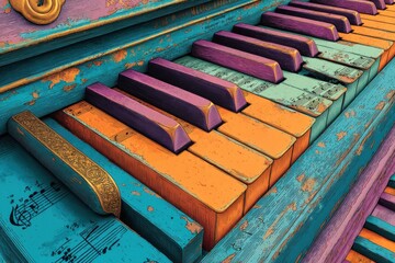 Vibrant piano keys themed artwork with colorful and textured vintage aesthetics