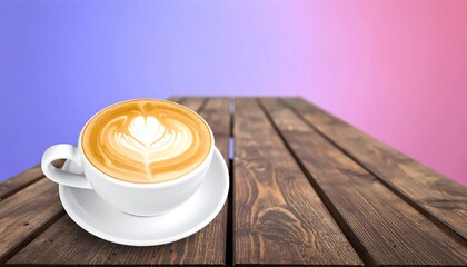 Latte Art Coffee Cup on Wooden Table with Gradient Background