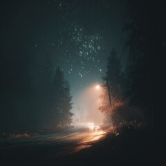 Misty night road, softly lit by streetlights