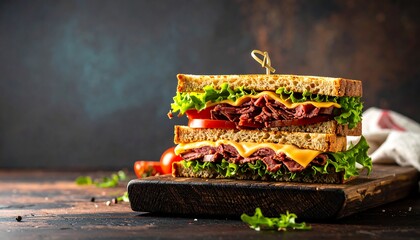 Close-up of a Delicious Reuben Sandwich on a Wooden Board