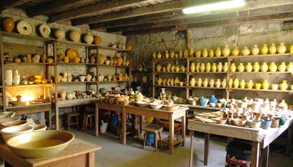 Handcrafted pottery lined along rustic wooden shelves, glowing in warm light. 3