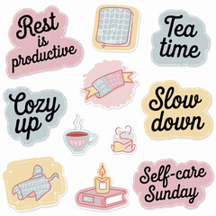 Pastel sticker set with self-care quotes and cozy icons – Ideal for wellness blogs, mindfulness products, or mental health awareness campaigns