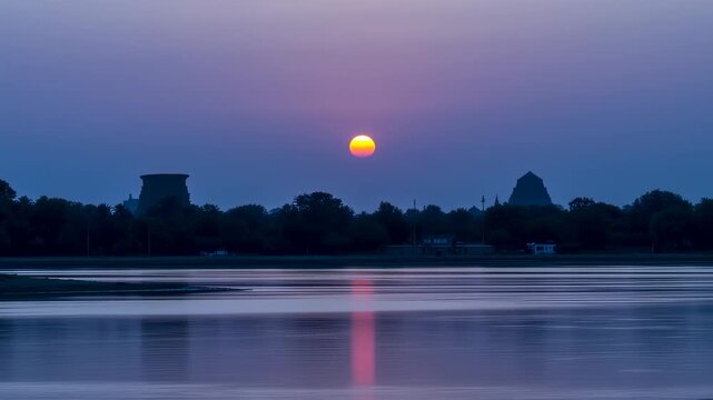 Sunset over Lake, Silhouette of Temple, Madurai