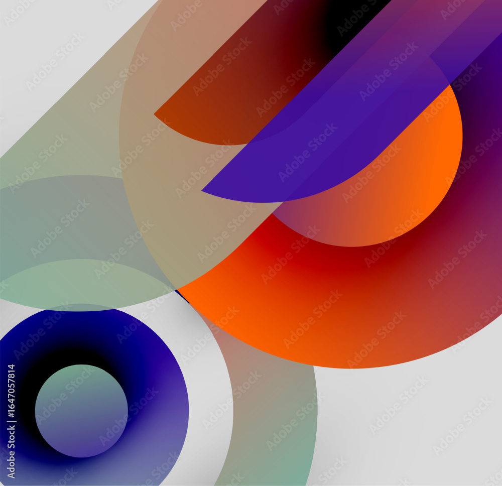 Poster abstract composition. overlapping circles, rectangles create dynamic visual effect. colors blend, co