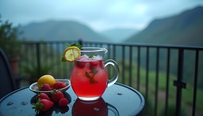 "Strawberry Lemonade Drink with Mountain View on Summer Vacation"