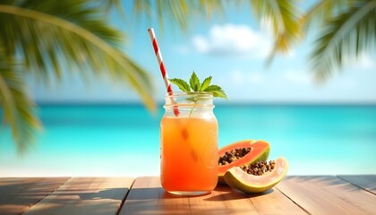 "Papaya Juice Drink Under Palm Tree by the Tropical Beach"