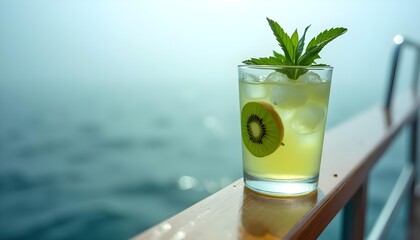 "Kiwi Juice Drink on Yacht Deck with Blue Ocean View"
