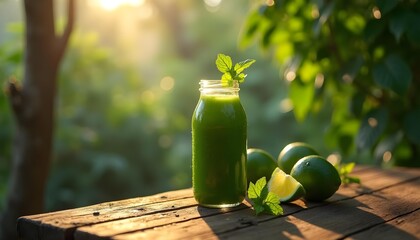 "Green Detox Juice with Kale and Lime in Jungle Lodge Setting"