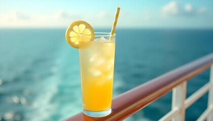 "Lemon Iced Tea Drink on Cruise Ship with Ocean Horizon View"