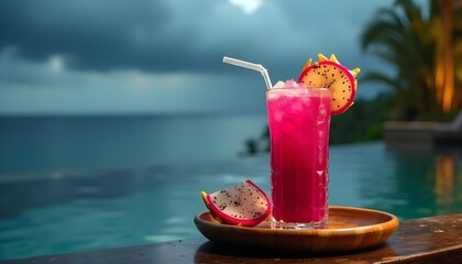 "Dragon Fruit Smoothie Drink by Infinity Pool at Luxury Resort"
