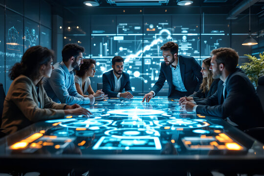 Futuristic Business Strategy Meeting Modern Tech Collaboration Teamwork - Powered by Adobe