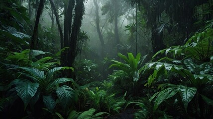 Moody rainforest under heavy rain, thick mist and lush foliage, dark green cinematic jungle background