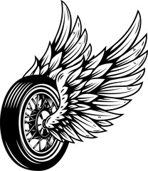 Motorcycle wheel with wings isolated on white background. Design elements for logo, label, emblem,sign. Vector illustration