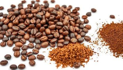 Fototapeta premium Roasted coffee beans, whole & ground, rich textures and colors, isolated on white , macro, color