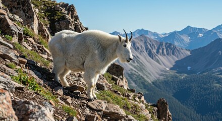 Mountain Goat Standing on Rocky Alpine Slope with Distant Peaks