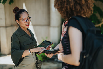 Two individuals, holding a tablet and a notebook, engaging in discussion outside in a sunny...