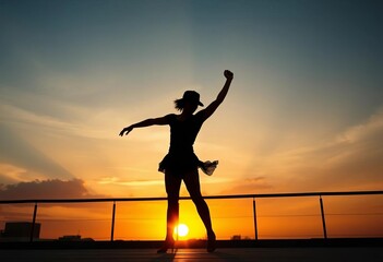 Silhouette of a dancer performing on a rooftop at sunset, background, city