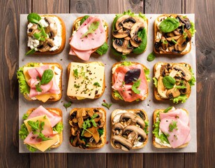 Assorted open-faced sandwiches with cheese, ham, mushrooms, and fresh greens on wooden table