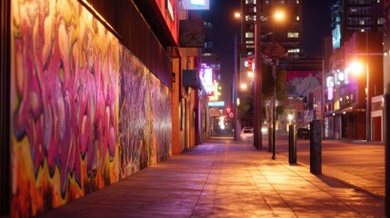 Vibrant urban street at night with colorful graffiti and illuminated buildings in the background