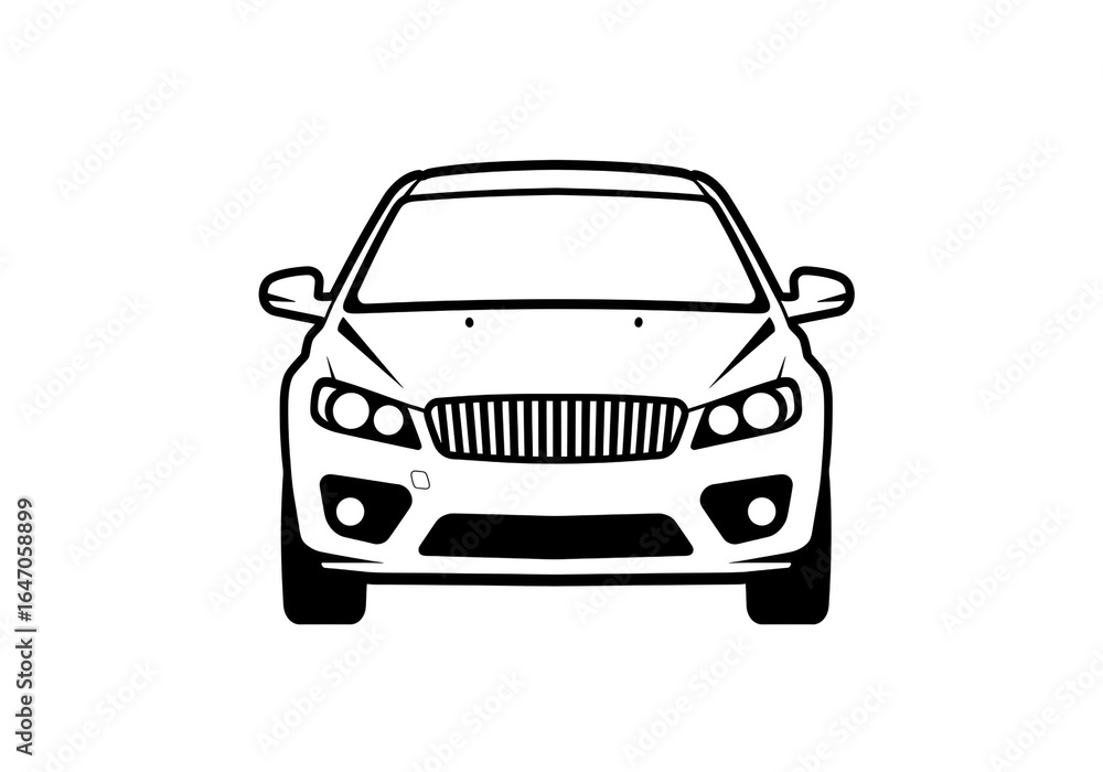 Poster front view of an outlined car with visible headlights and grill on a white background