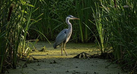 Gray Heron Standing in Marsh with Green Reeds and Natural Light