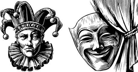 Engraved illustration set of actor in costume. Vintage hand drawn sketch with fine engraving detail.