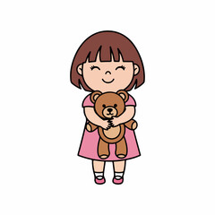 Flat illustration of cute little girl hugging a teddy bear isolated on white background