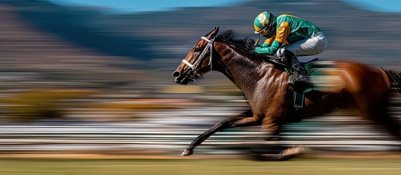 Dynamic horse racing scene with jockey in vibrant green and yellow attire