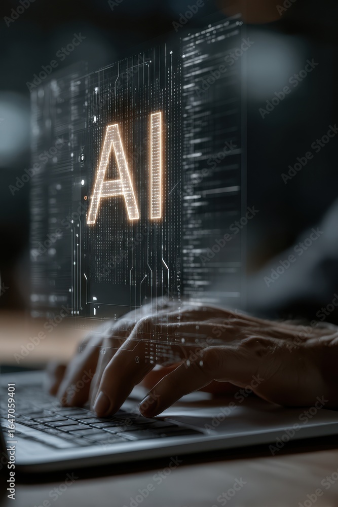 Aufkleber hands typing on a laptop with a virtual ai interface displayed