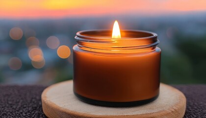 Aromatherapy Serenity Lit Amber Soy Candle in Elegant Glass Jar on Rustic Wooden Coaster with Bokeh