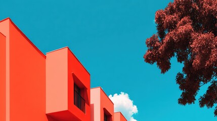 Vibrant modern architecture against a bright blue sky with a striking red tree in the foreground