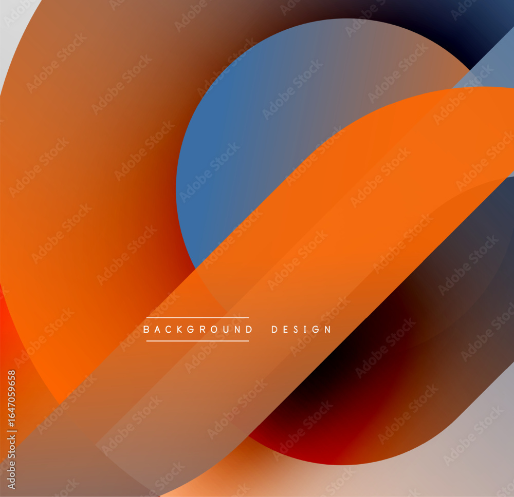 Poster abstract design features overlapping colorful shapes. orange, blue, brown hues create dynamic compos