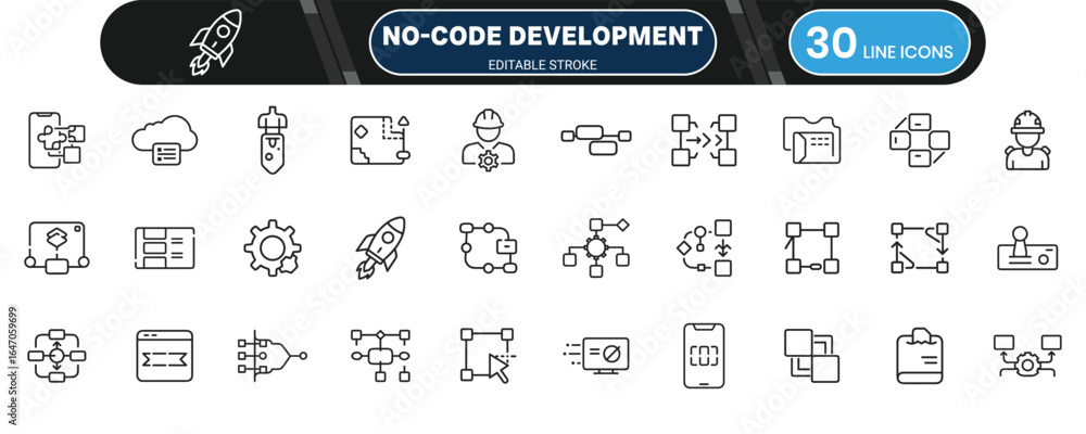 Wall mural no-code development platforms line icon set for software creation, app builders, and digital solutio