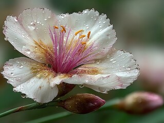 Closeup of a delicate white flower with pink stamens covered in water droplets, showcasing its intricate details and vibrant colors in natural light