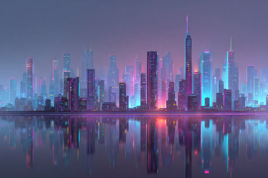 CIUDAD FUTURISTA MINIMALISTA CON LUCES DE NE&Oacute;N Y REFLEJO EN EL AGUA