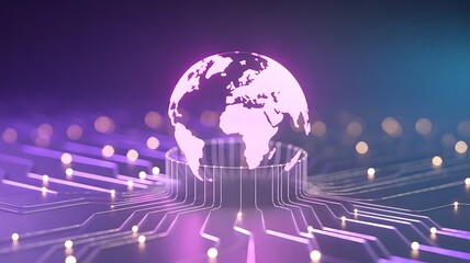Global Connectivity and Technological Advancement Represented by a Glowing Globe in a Digital Circuit Board Setting Showcasing Innovation and the Future of Global Communication