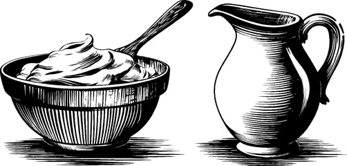Vintage engraved illustration of cottage cheese bowl and cream jug for culinary design