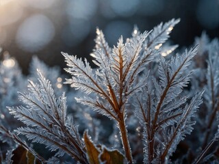 Macro Shot of Ice Crystals Forming on Plant Leaves at Dawn