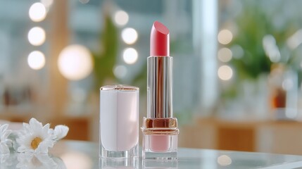 Glamorous lipstick bullet emerging from case close-up on makeup display for beauty lovers