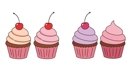 Four Colorful Cupcakes with Cherries on Top in a Row Illustration